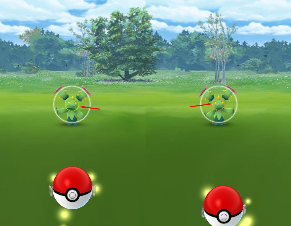 Deux écrans de capture Pokémon GO comparant la taille du cercle de visée avant un lancer précis