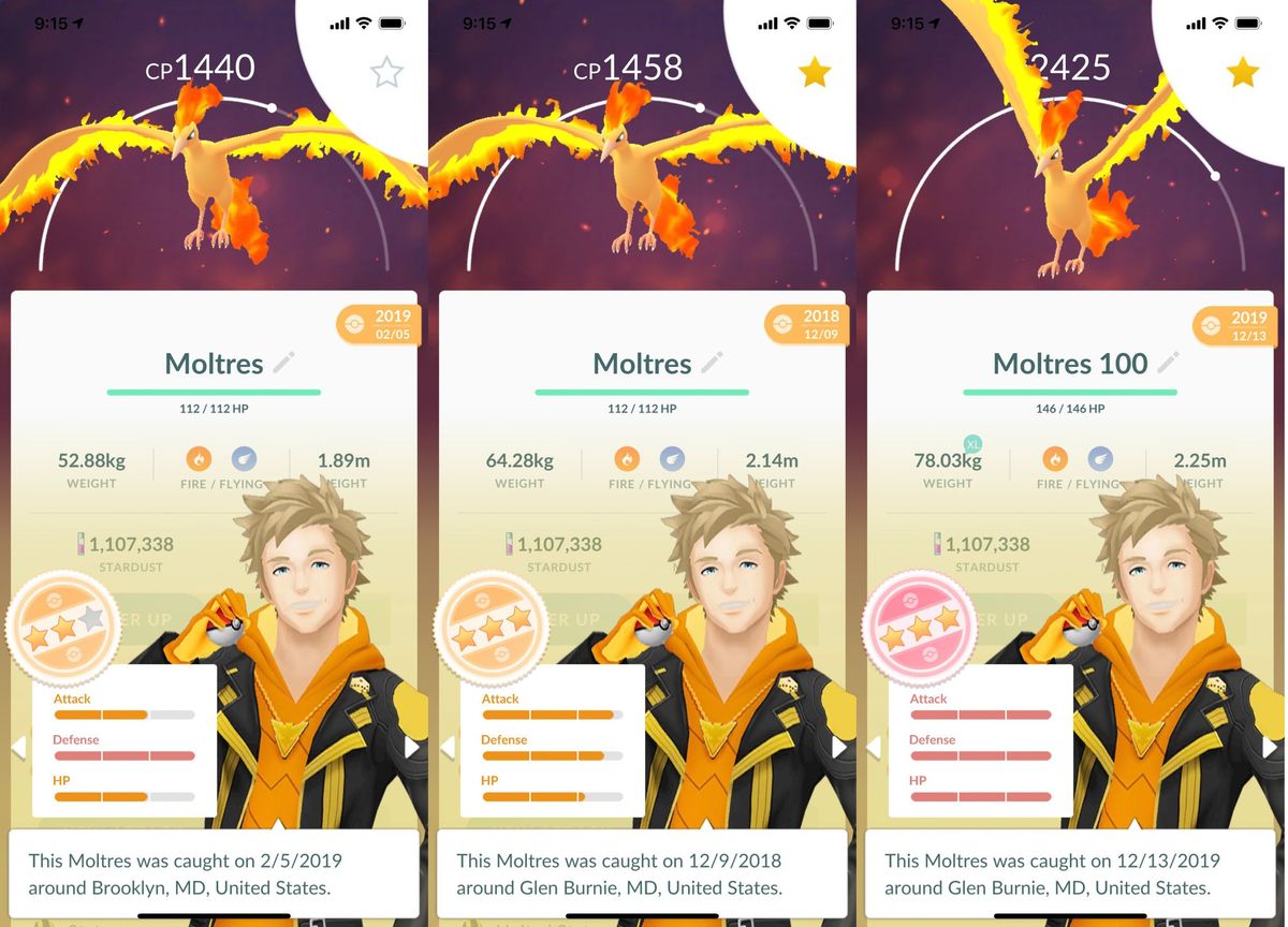 Trois écrans d’évaluation de Sulfura dans Pokémon GO montrant leurs PC, leurs étoiles et les barres d’IV Attaque, Défense et PV