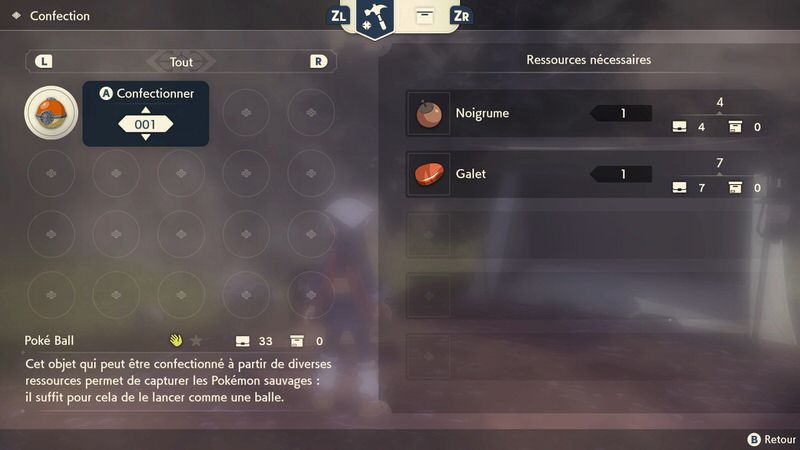 Capture officielle française montrant la confection d’une Poké Ball à partir d’un Noigrume et d’un Galet