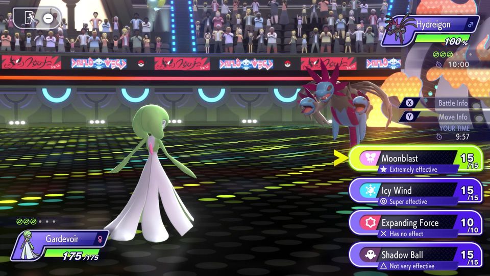 Gardevoir affronte Trioxhydre dans l’interface de combat de Pokémon Champions