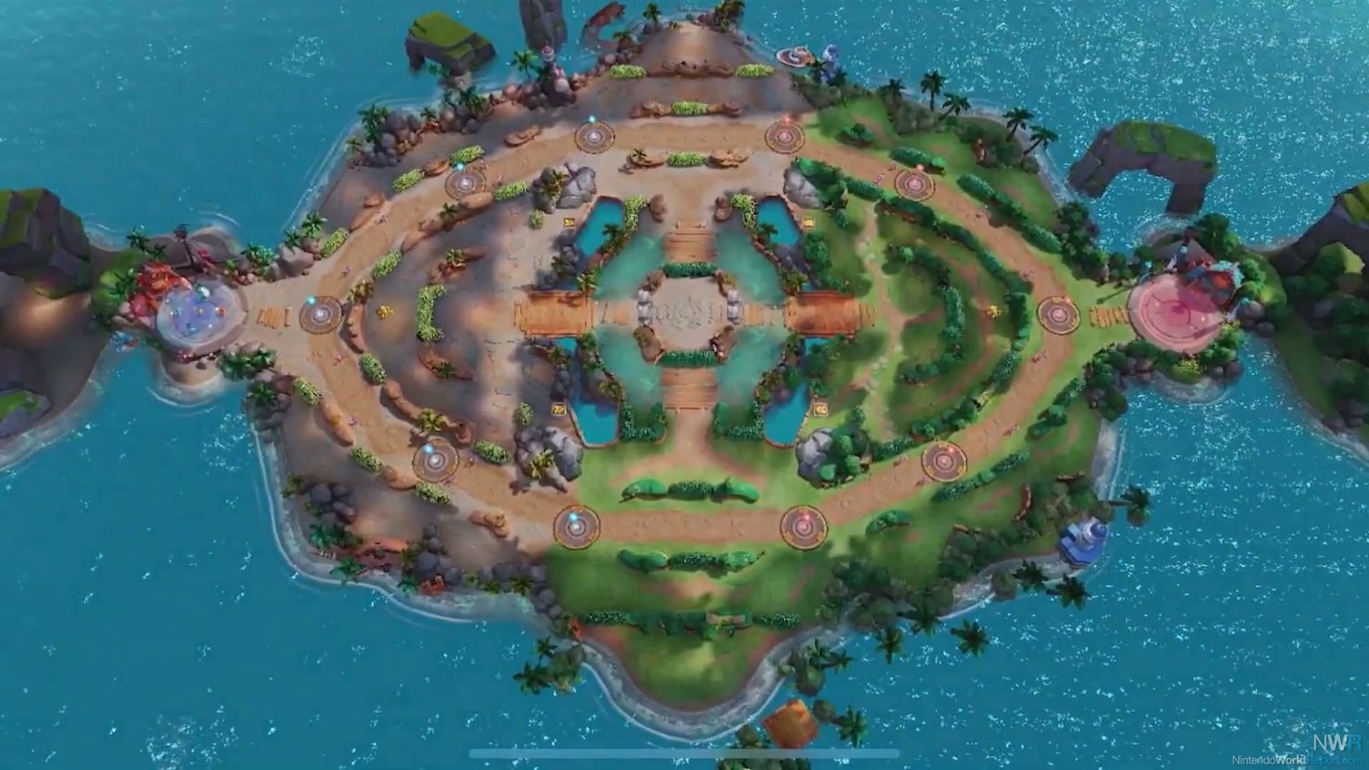 Vue d’une arène de combat de l’Île d’Æos dans Pokémon UNITE
