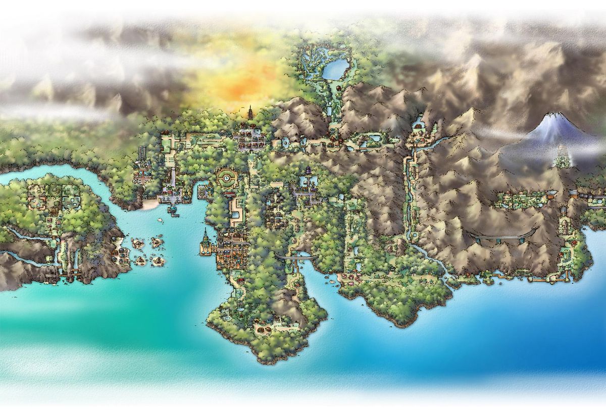 Carte illustrée de Johto dans Pokémon Or HeartGold et Argent SoulSilver