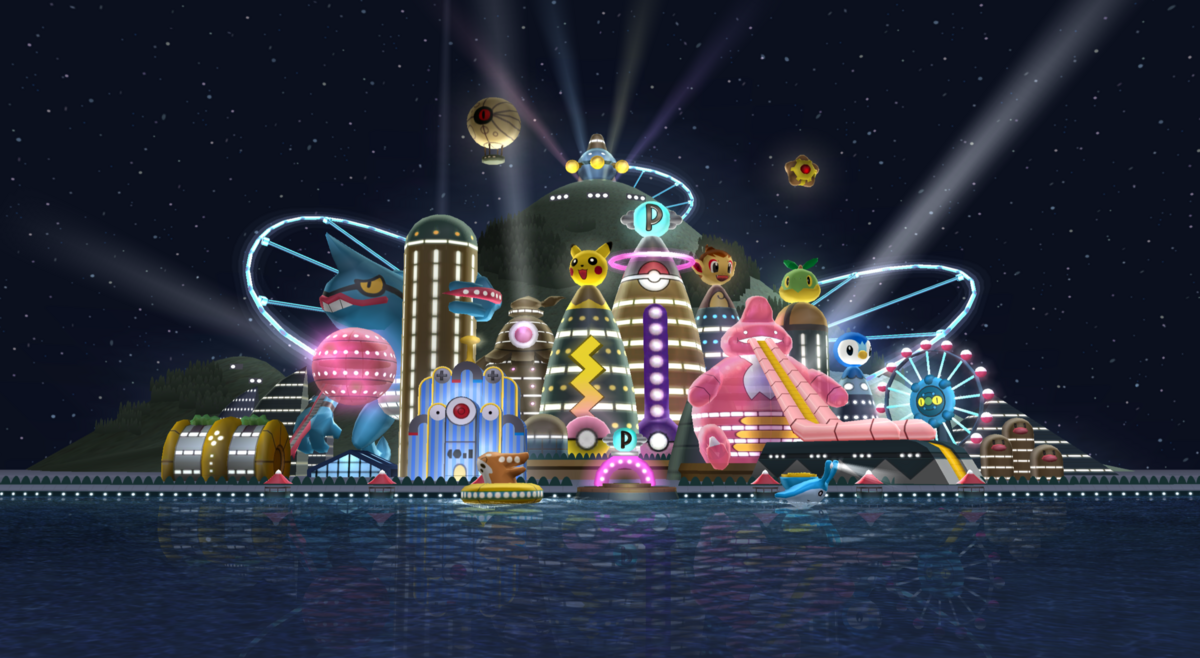 Vue nocturne de Pokétopia et de ses Colosseums